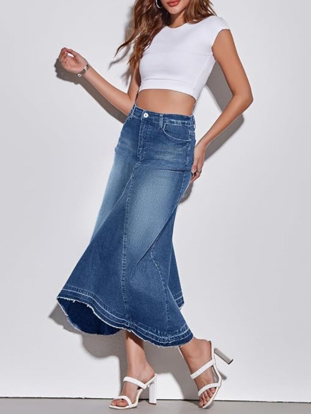 Fisoew Denim Maxi Skirt High Waist A-Line Asymmetric Frayed Hem Small
